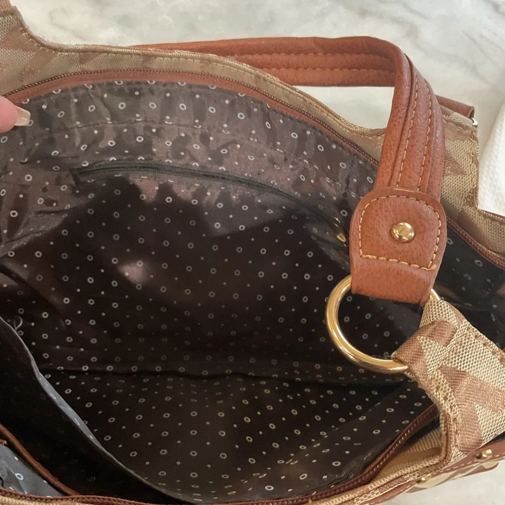 Chevron-Patterned Brown Shoulder Bag with Lock Accent